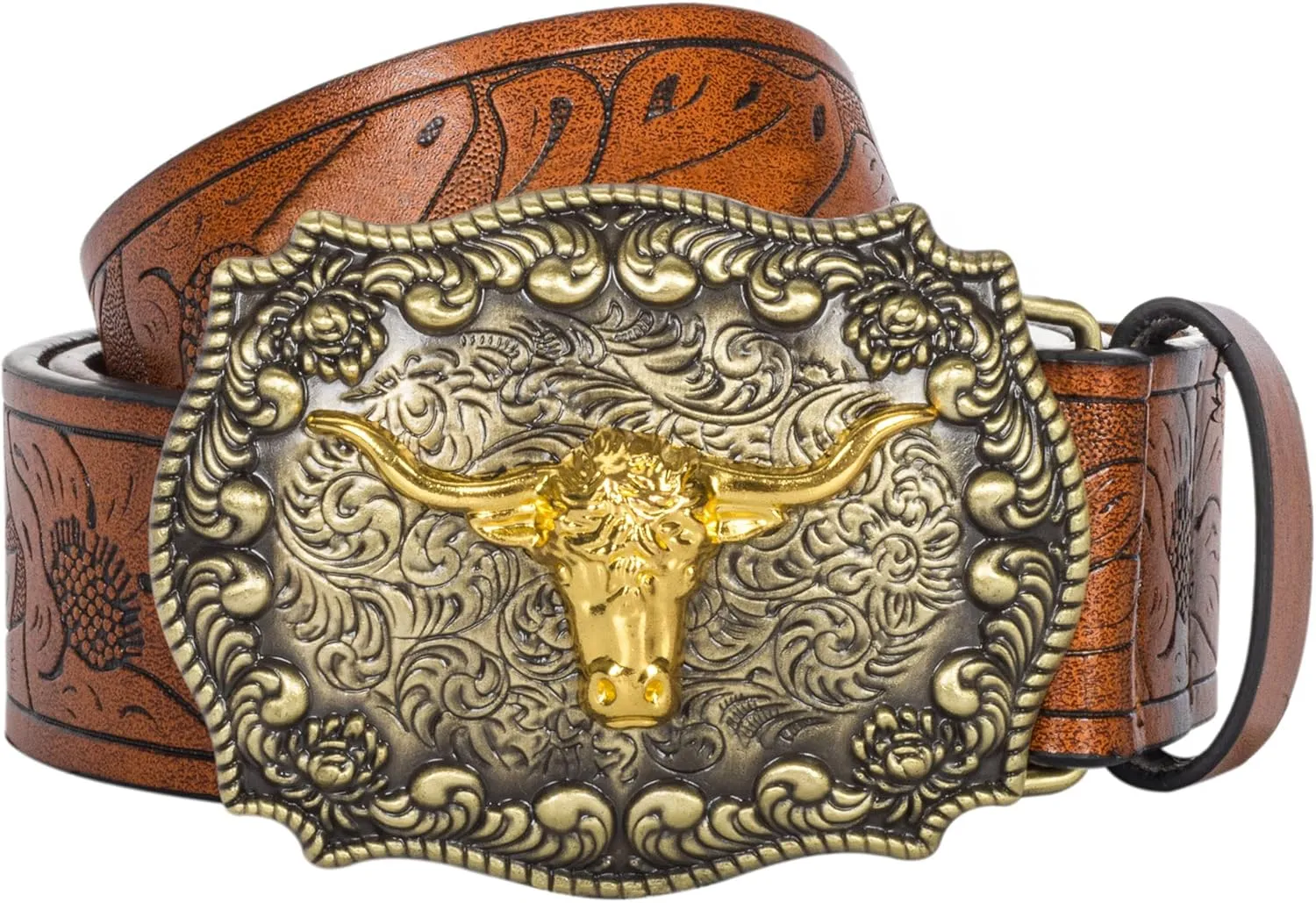 Western Cowboy PU Leather Belt - Men Waist Strap Bull Decoration Floral Engraved for Jeans 25" to 38" Waist