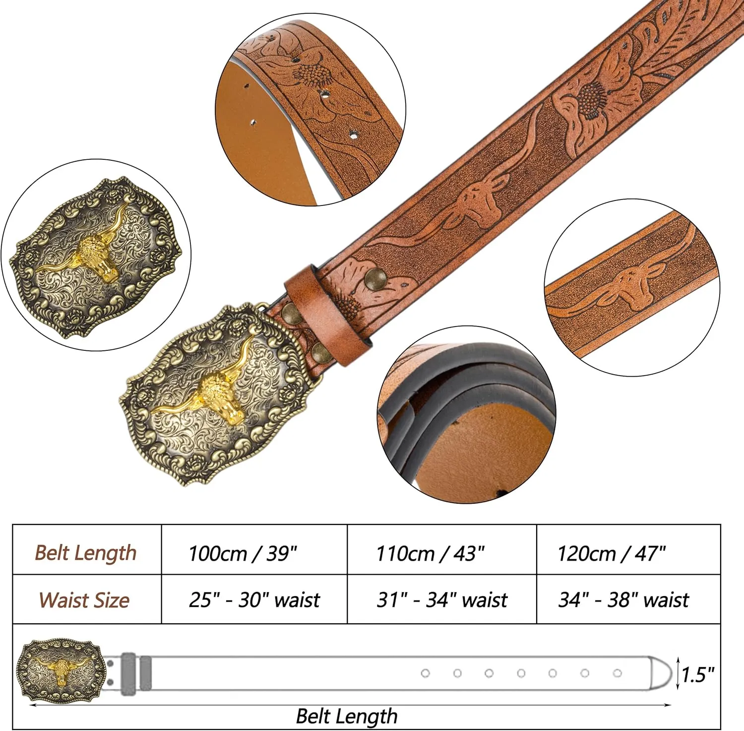 Western Cowboy PU Leather Belt - Men Waist Strap Bull Decoration Floral Engraved for Jeans 25" to 38" Waist