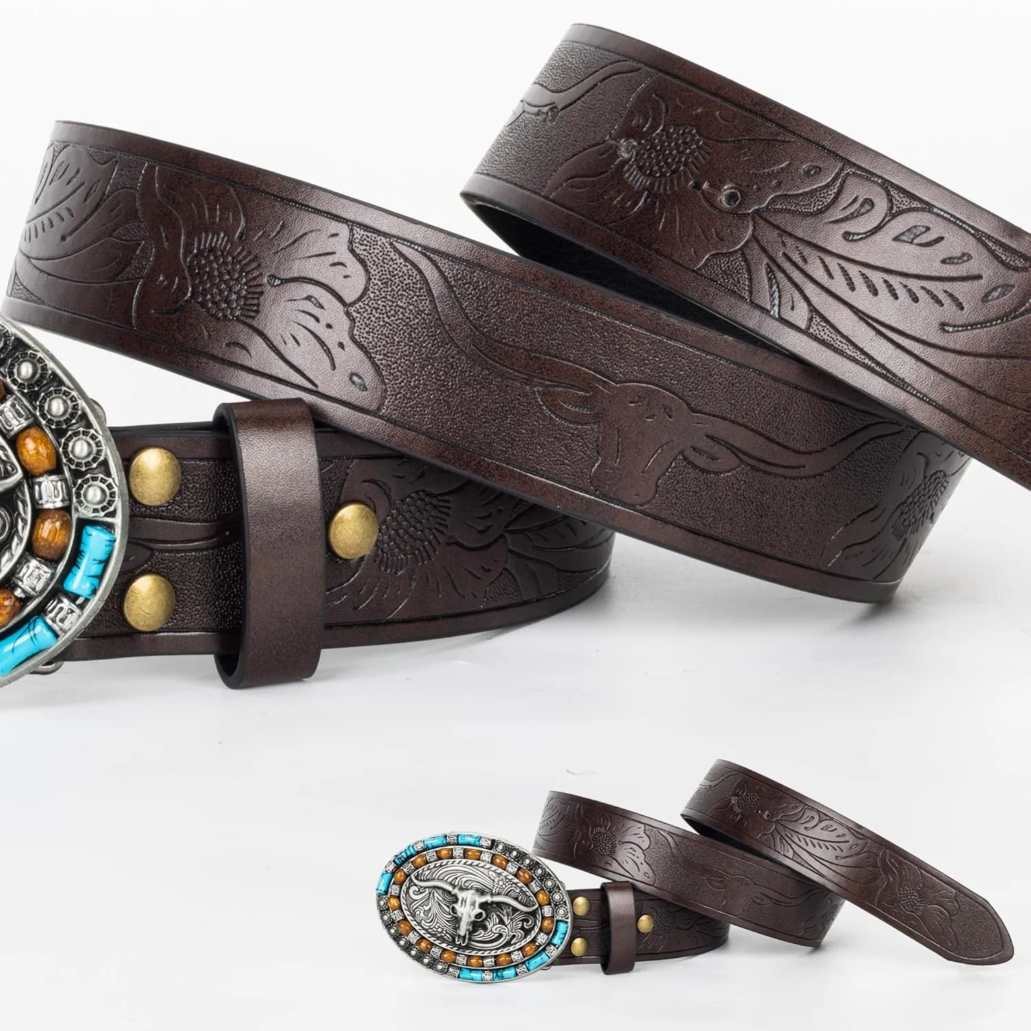 Western Cowboy PU Leather Belt - Men Waist Strap Bull Decoration Floral Engraved for Jeans 25" to 38" Waist