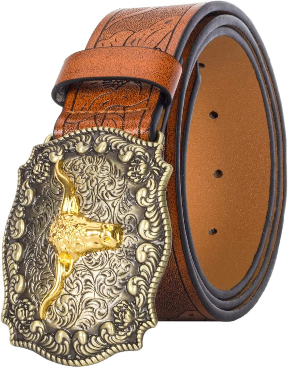Western Cowboy PU Leather Belt - Men Waist Strap Bull Decoration Floral Engraved for Jeans 25" to 38" Waist