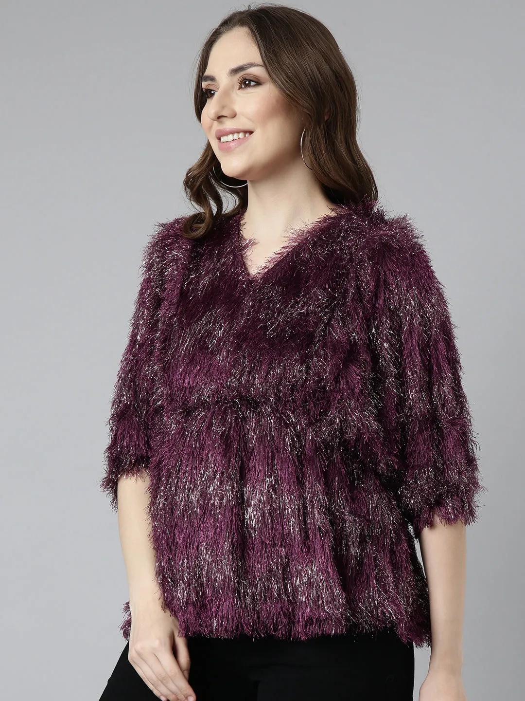 Women Purple Solid Cinched Waist Top