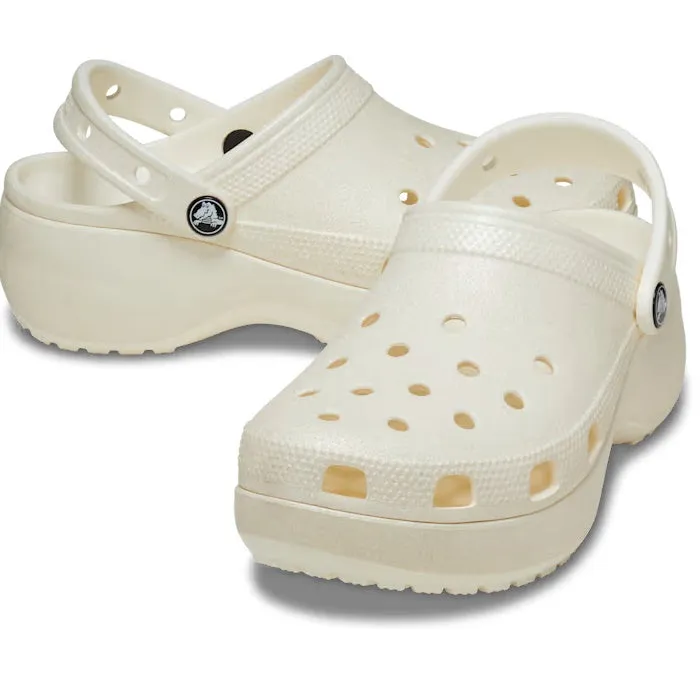 Womens Crocs - Classic Glitter PLATFORM Clog Chalk Off White CLEARANCE