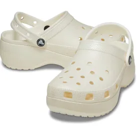 Womens Crocs - Classic Glitter PLATFORM Clog Chalk Off White CLEARANCE