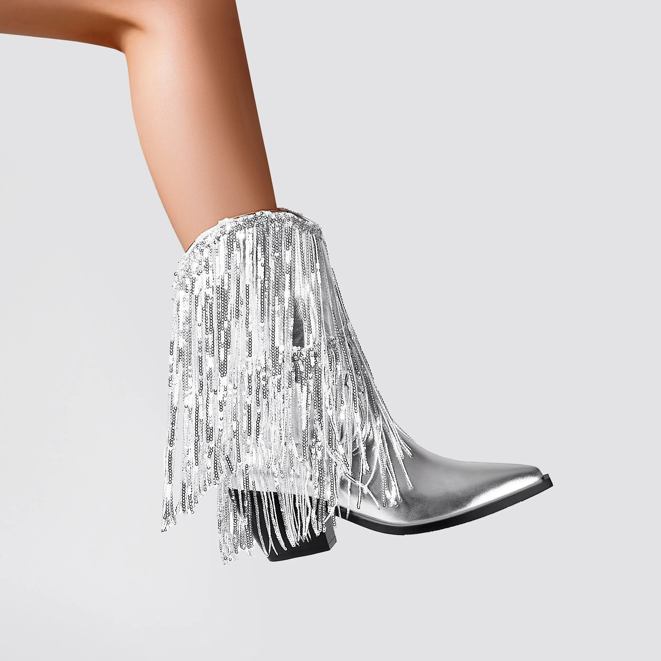 Womens Metallic Sequin Fringed Zipper Pointy Chunky Heeled Western Cowgirl Ankle Boots