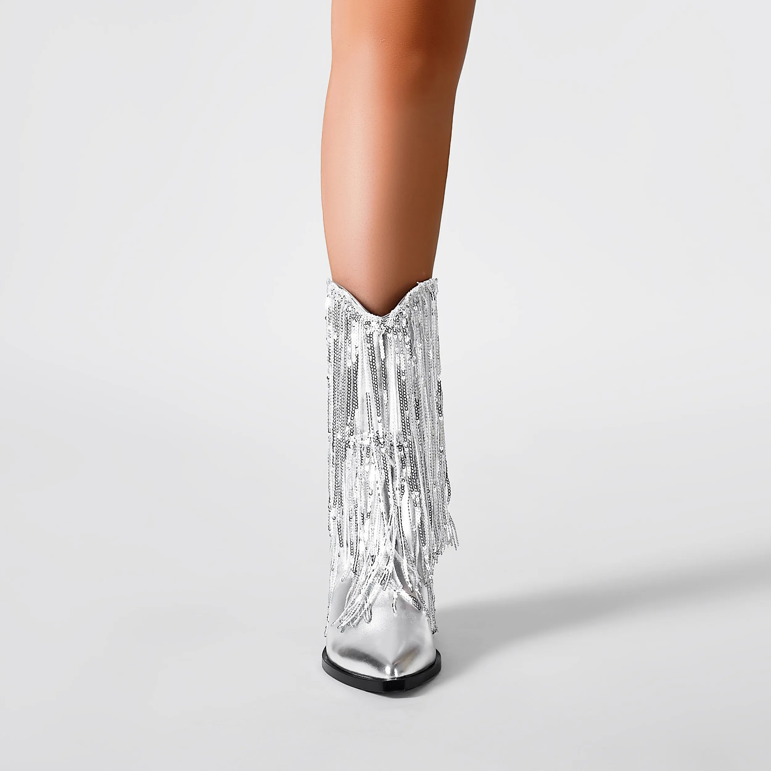 Womens Metallic Sequin Fringed Zipper Pointy Chunky Heeled Western Cowgirl Ankle Boots