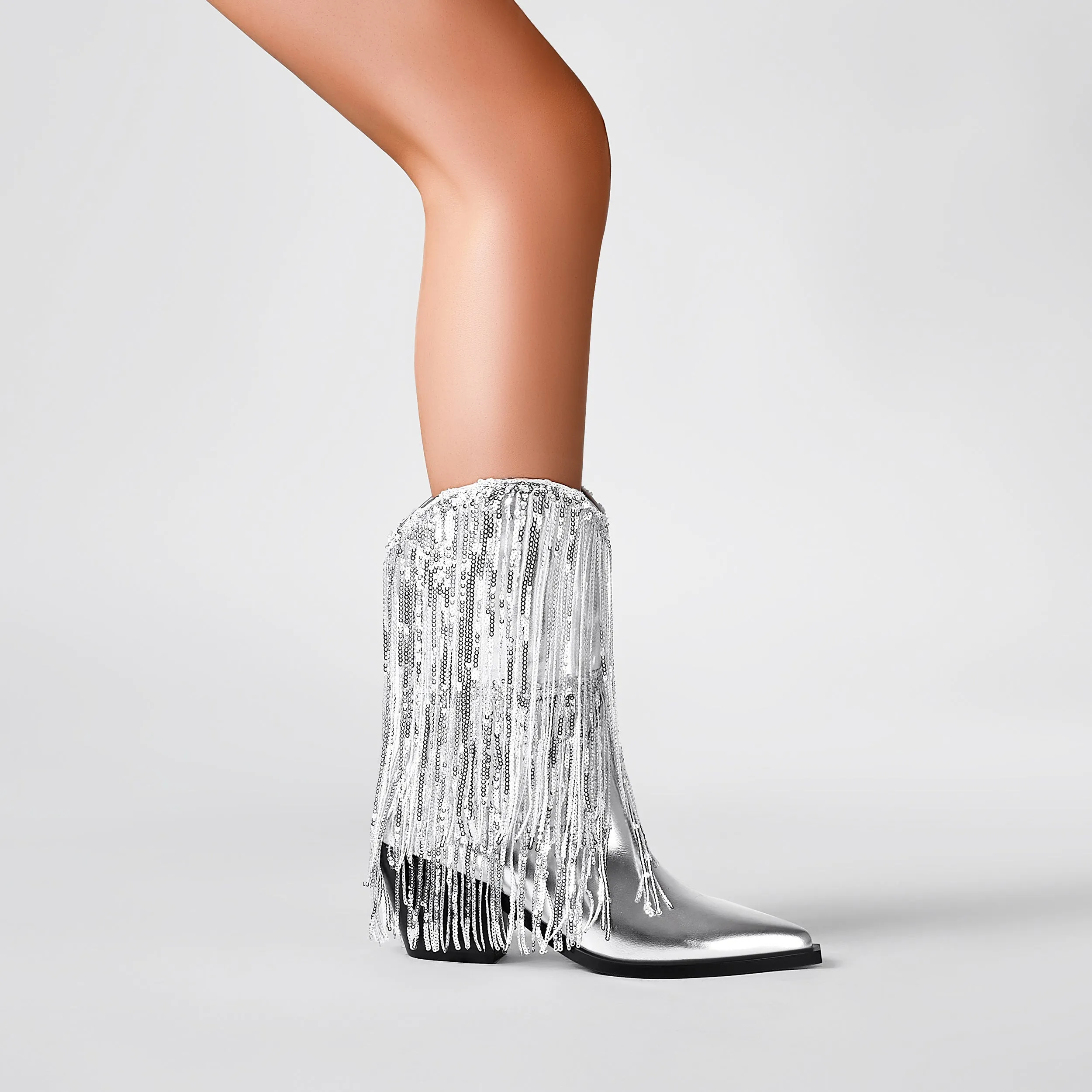Womens Metallic Sequin Fringed Zipper Pointy Chunky Heeled Western Cowgirl Ankle Boots