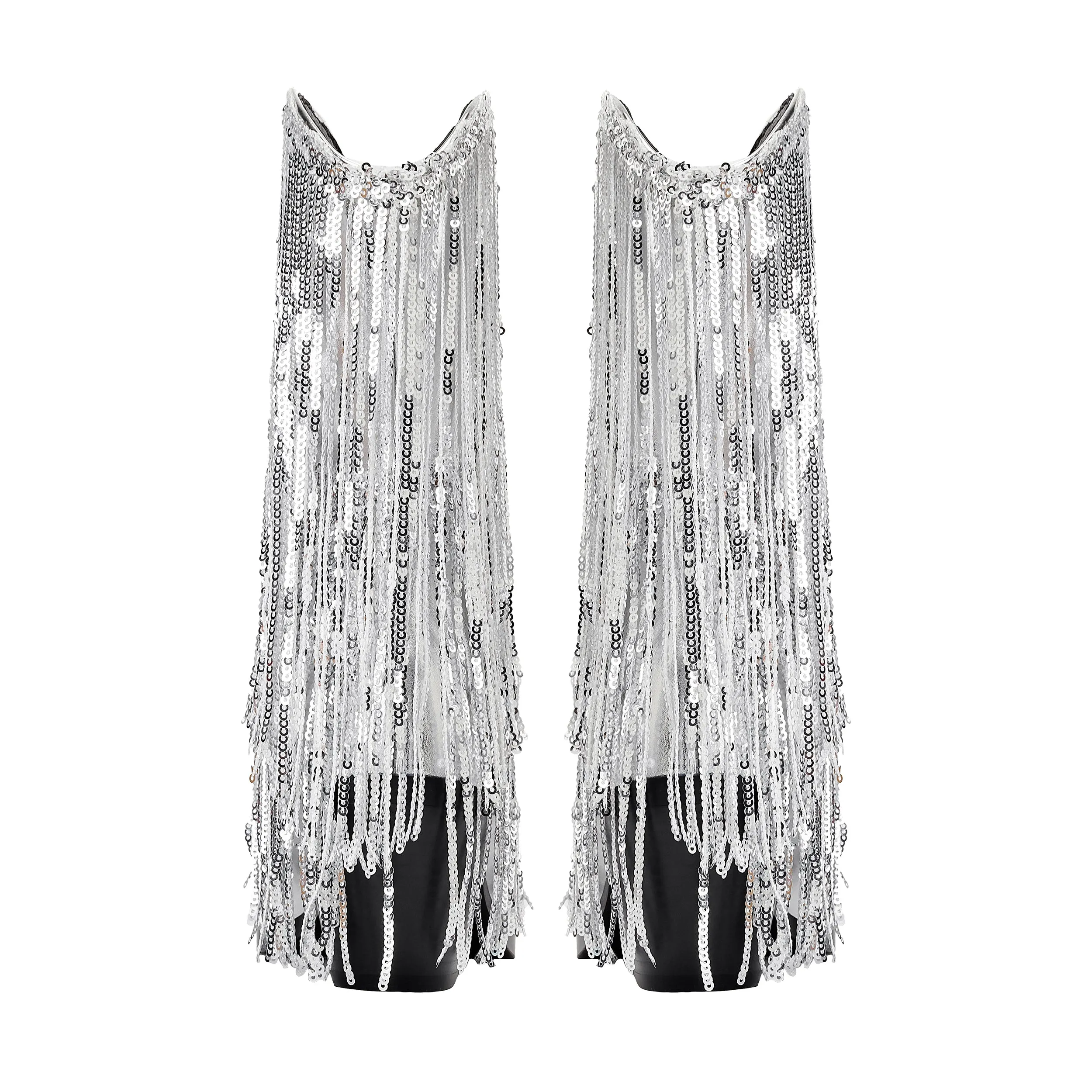 Womens Metallic Sequin Fringed Zipper Pointy Chunky Heeled Western Cowgirl Ankle Boots