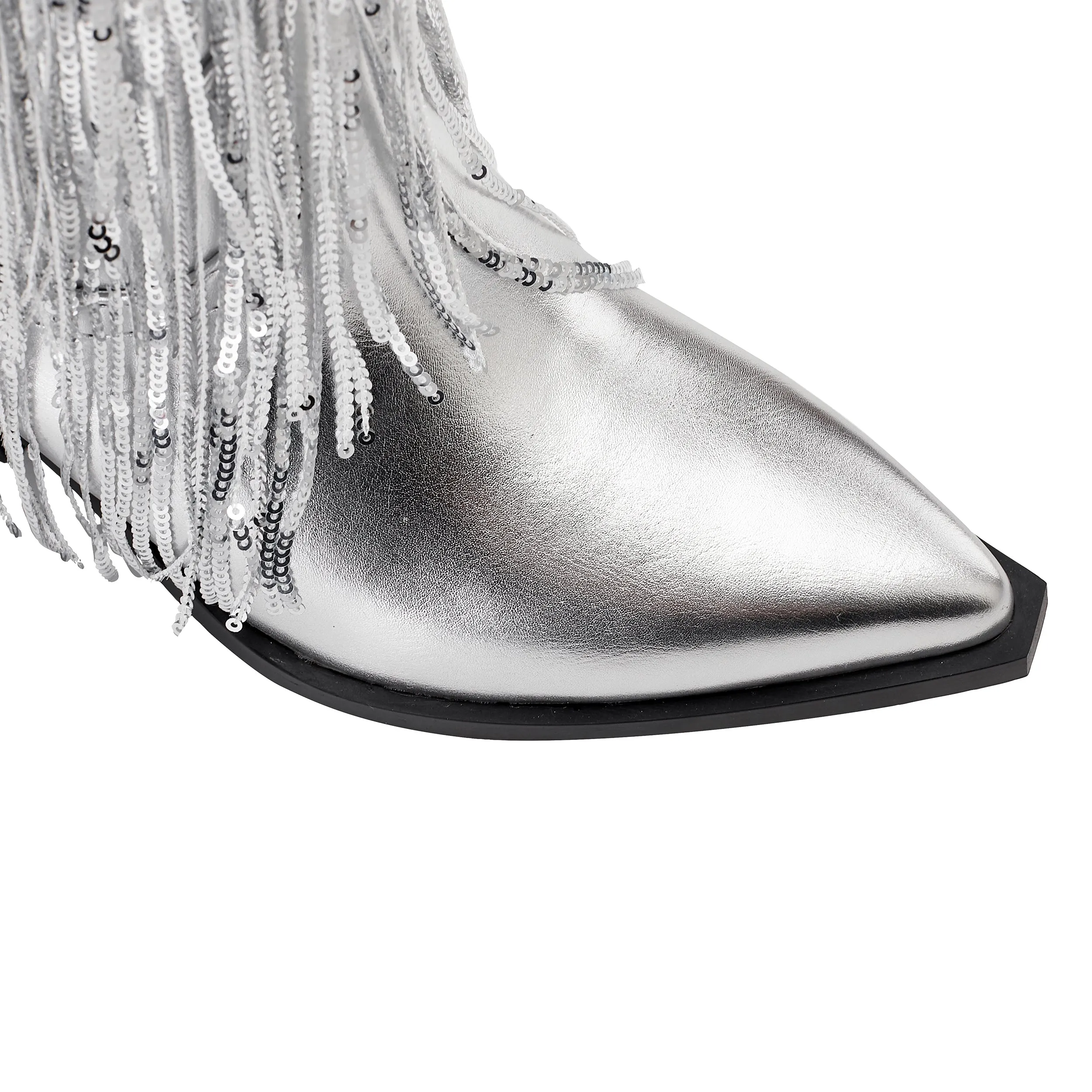 Womens Metallic Sequin Fringed Zipper Pointy Chunky Heeled Western Cowgirl Ankle Boots