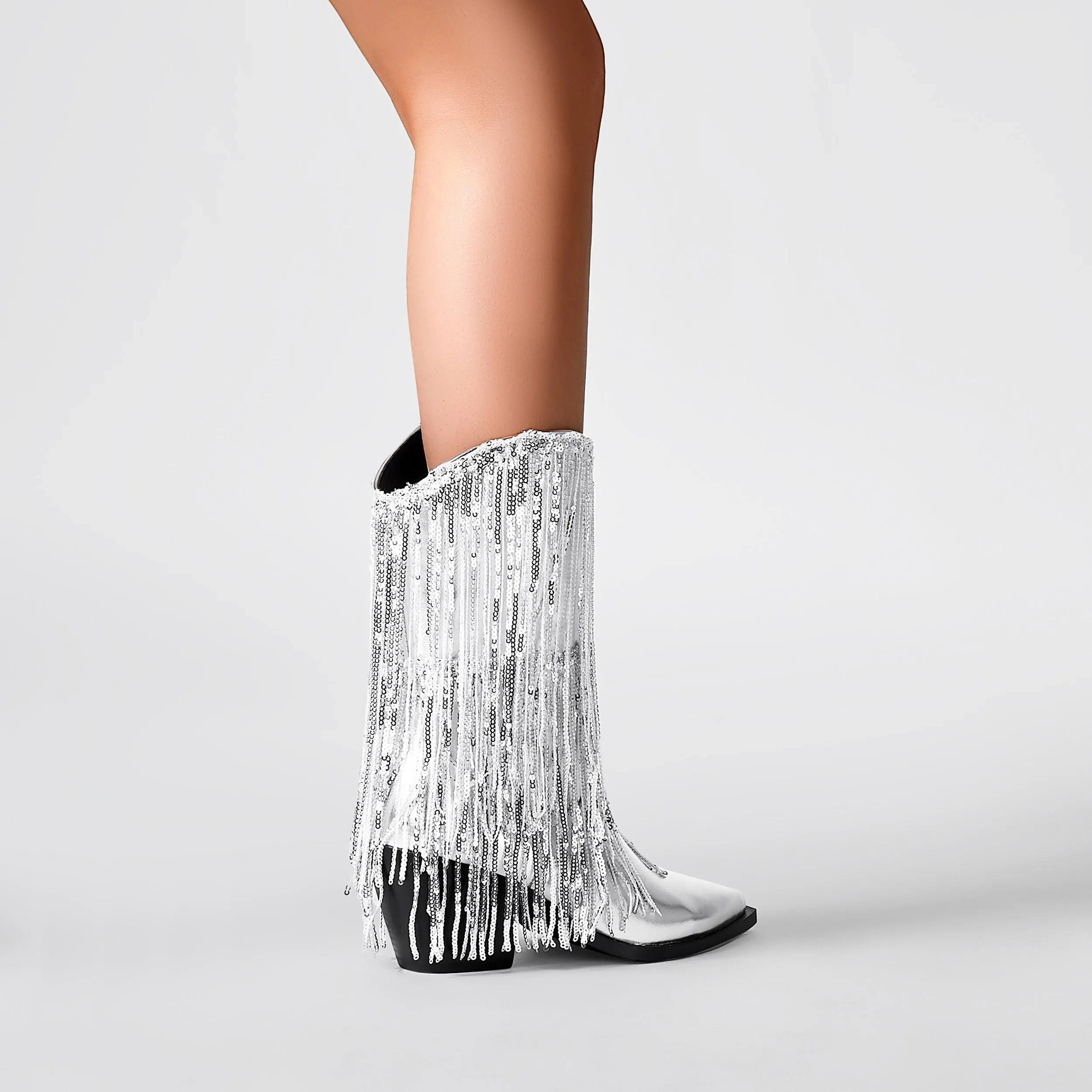 Womens Metallic Sequin Fringed Zipper Pointy Chunky Heeled Western Cowgirl Ankle Boots